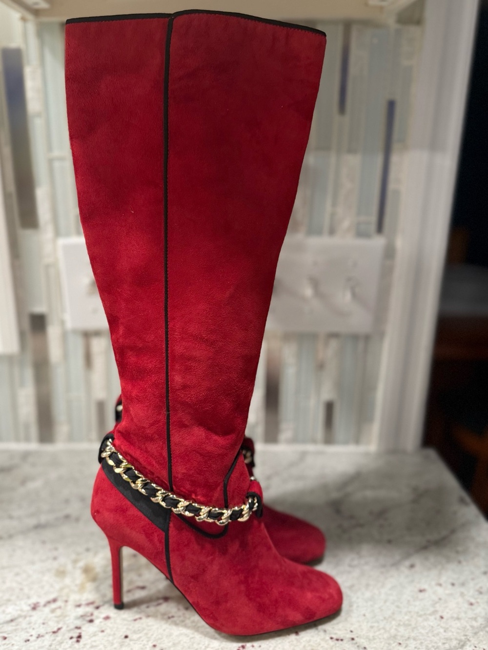 Karl Lagerfeld Maryam Red Suede Knee High Boots with Chain Trim